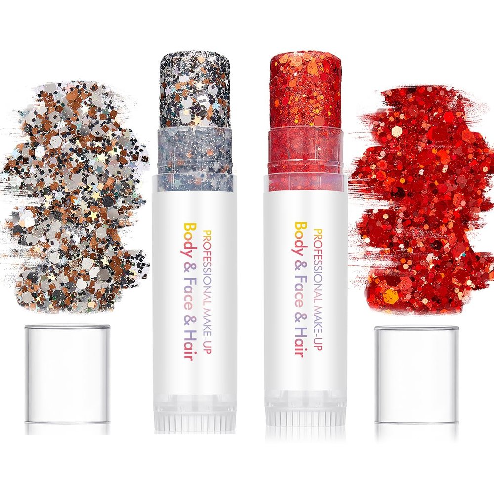 Body Glitter Stick for Face, Body & Hair - Red & Silver/Brown Chunky Sparkle Glitter, 2 Pack | Long Lasting Party Makeup for Festival, Rave, Concert & Cosplay