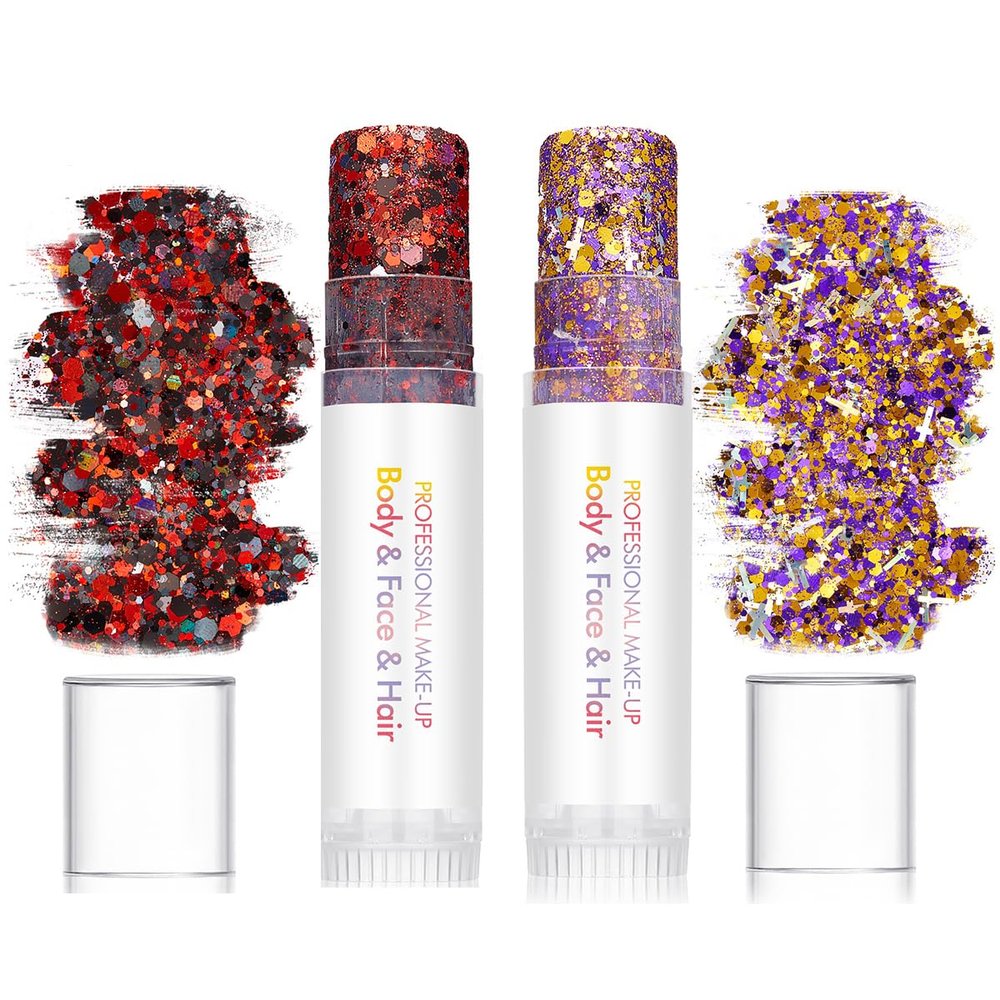 Body Glitter Stick for Face & Body & Hair - Red/Black & Purple/Gold Chunky Sparkle Set, 2 Pack | Versatile Festival Makeup for Party, Rave, Cosplay