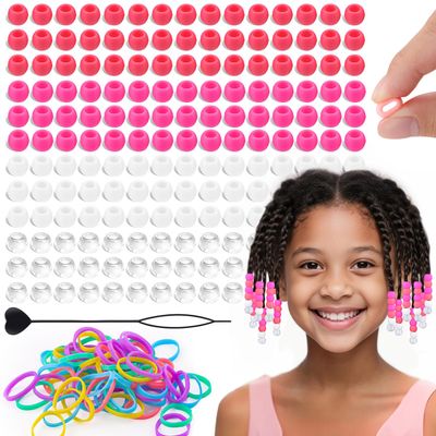 160Pcs 10mm Small Silicone Beads for Hair Braids, Soft Jellyish Pony Hair Beads with 5mm Hole + 50 Rubber Bands and 1 Beader for Braiding, DIY Bracelets Necklaces Crafts (Dark Pink)