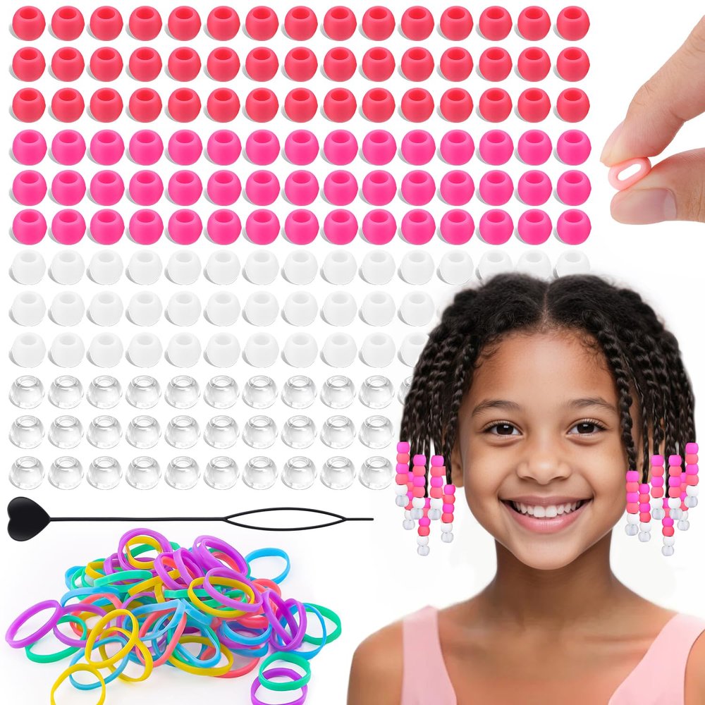 160Pcs 10mm Small Silicone Beads for Hair Braids, Soft Jellyish Pony Hair Beads with 5mm Hole + 50 Rubber Bands and 1 Beader for Braiding, DIY Bracelets Necklaces Crafts (Dark Pink)