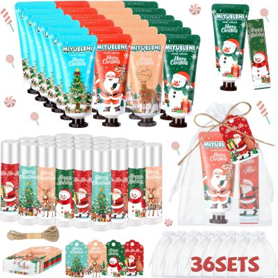 144 Pcs 36 Sets Christmas Hand Cream and Lip Balm Gift Bulk Set,Moisturizing Lip Balm Hand Lotion with Organza Bag Xmas Card, Holiday Birthday Party Favors Stocking Stuffers Gifts for Women