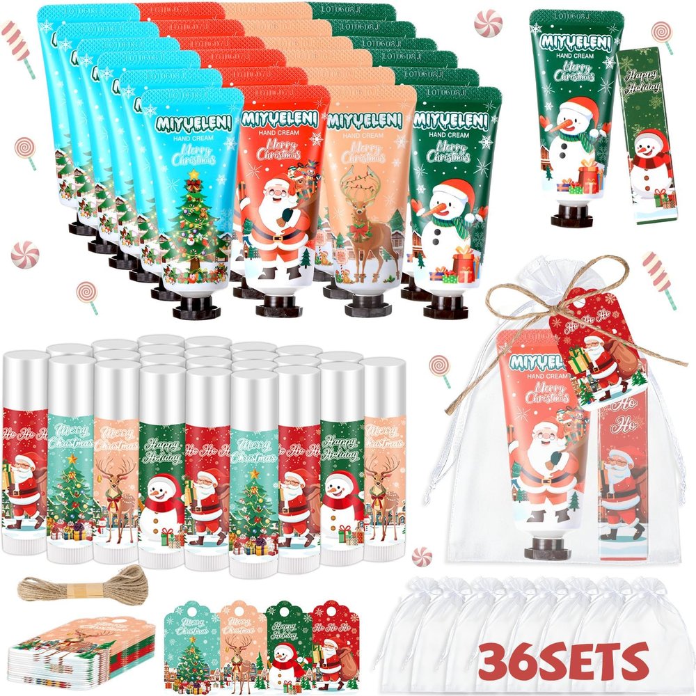 144 Pcs 36 Sets Christmas Hand Cream and Lip Balm Gift Bulk Set,Moisturizing Lip Balm Hand Lotion with Organza Bag Xmas Card, Holiday Birthday Party Favors Stocking Stuffers Gifts for Women