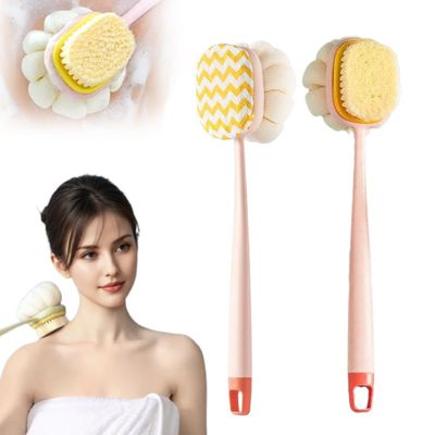 2-in-1 Bath Scrubber Back Brush,2025 New Shower Body Brush with Bristles and Loofah,Double-Sided Bath Back Scrubber with Long Handle for Women, Men, The Elderly (Pink A+B)