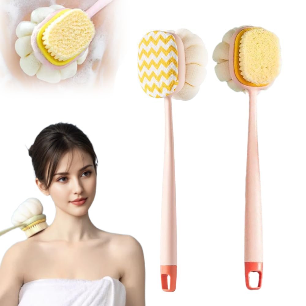 2-in-1 Bath Scrubber Back Brush,2025 New Shower Body Brush with Bristles and Loofah,Double-Sided Bath Back Scrubber with Long Handle for Women, Men, The Elderly (Pink A+B)