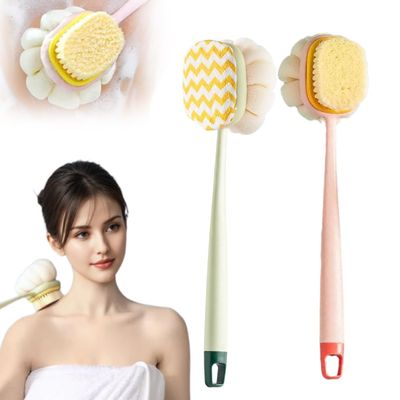 2-in-1 Bath Scrubber Back Brush,2025 New Shower Body Brush with Bristles and Loofah,Double-Sided Bath Back Scrubber with Long Handle for Women, Men, The Elderly (Pink B+Green A)