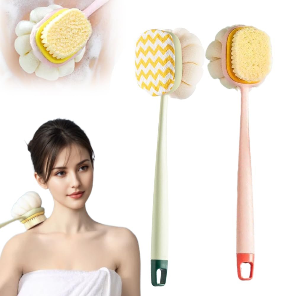 2-in-1 Bath Scrubber Back Brush,2025 New Shower Body Brush with Bristles and Loofah,Double-Sided Bath Back Scrubber with Long Handle for Women, Men, The Elderly (Pink B+Green A)