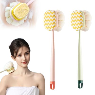 2-in-1 Bath Scrubber Back Brush,2025 New Shower Body Brush with Bristles and Loofah,Double-Sided Bath Back Scrubber with Long Handle for Women, Men, The Elderly (Pink A+Green A)