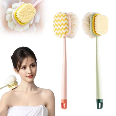 2-in-1 Bath Scrubber Back Brush,2025 New Shower Body Brush with Bristles and Loofah,Double-Sided Bath Back Scrubber with Long Handle for Women, Men, The Elderly (Pink A+Green B)