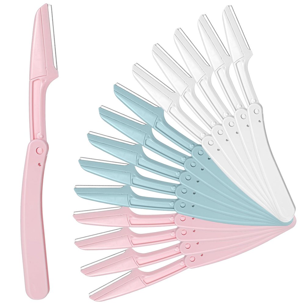 KFHENSOMR 15 Pcs Dermaplane Razor Folding Eyebrow Razors for Women Face Fuzz Remover Facial Hair Removal for Women and Men Travel Dermaplaning Beauty Tool - Green White Pink