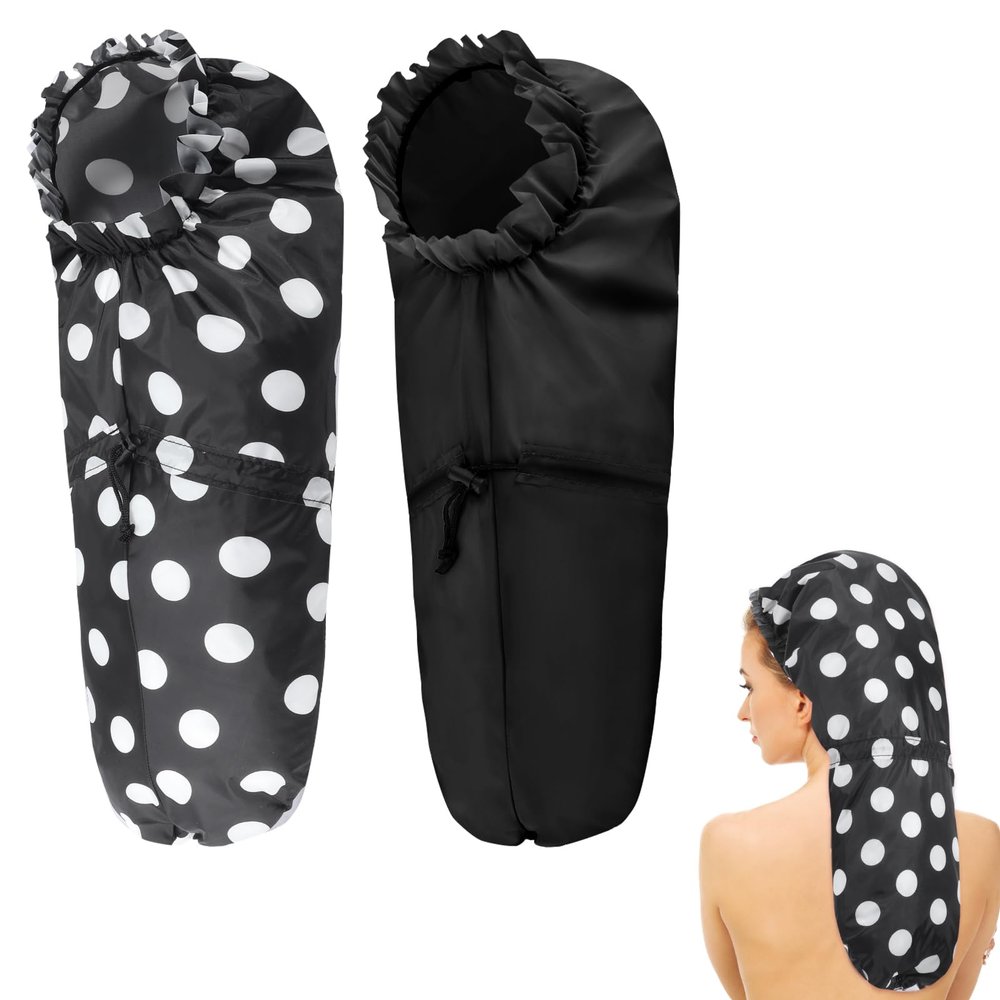 2 Pcs Large Shower Cap for Braids, Extra Long Shower Cap for Women Long Hair & Locs, Waterproof Hair Bonnets for Dreadlocks Drawstring Bath Caps for Women & Men (Polka Dots, Black)