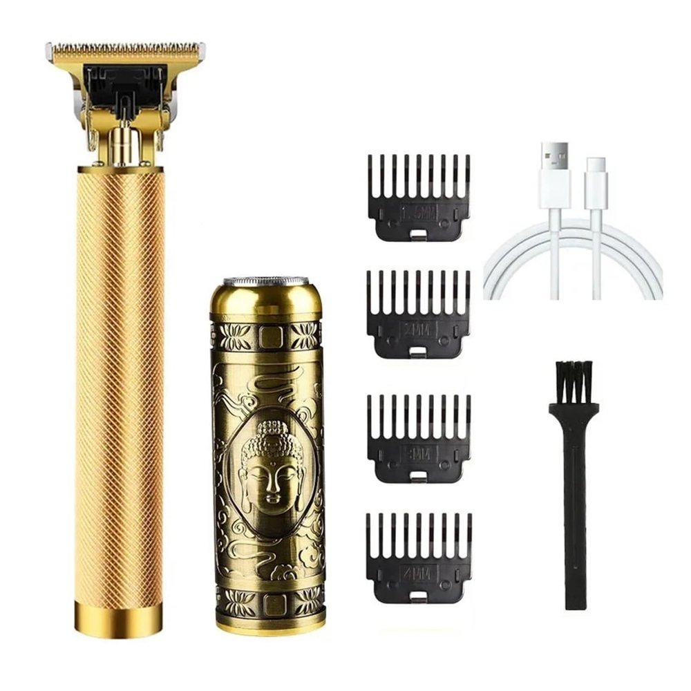 Vintage Rechargeable Shaver Beard Trimmer Machine Metal T9 Hair Trimmer Machine Mens Professional Electric Hair Clipper USB(Gold and Buddha)