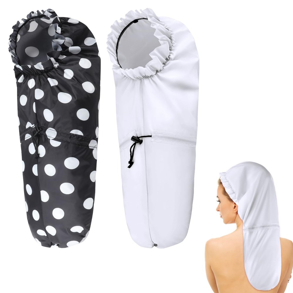 2 Pcs Large Shower Cap for Braids, Extra Long Shower Cap for Women Long Hair & Locs, Waterproof Hair Bonnets for Dreadlocks Drawstring Bath Caps for Women & Men (White, Polka Dots)