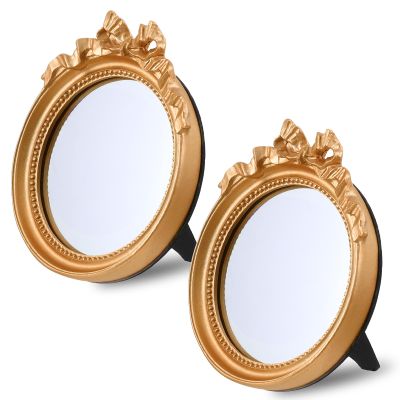 2 Pcs Small Gold Vintage Makeup Desk Mirror 4.2'' Small Wall Mirror Antique Mirrors with Resin Frame Decorative Hanging Mirrors for Bedroom Bathroom Tabletop Wall