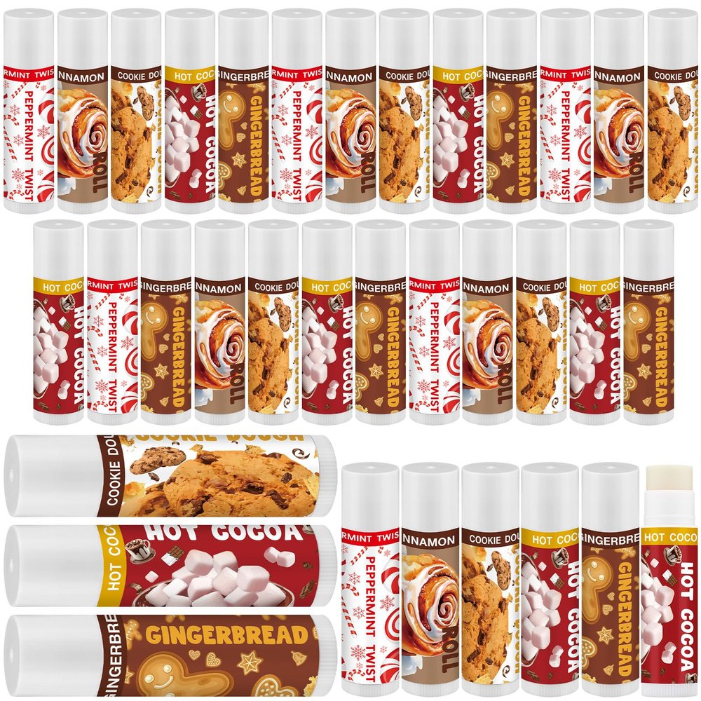25 Pcs Christmas Lip Balms Bulk Peppermint Candy Cane Gingerbread Hot Cocoa Gifts Cookie Cinnamon Flavor Lip Balm Party Favor Xmas Stocking Stuffers Christmas Bulk Gifts for Coworker Staff Employee