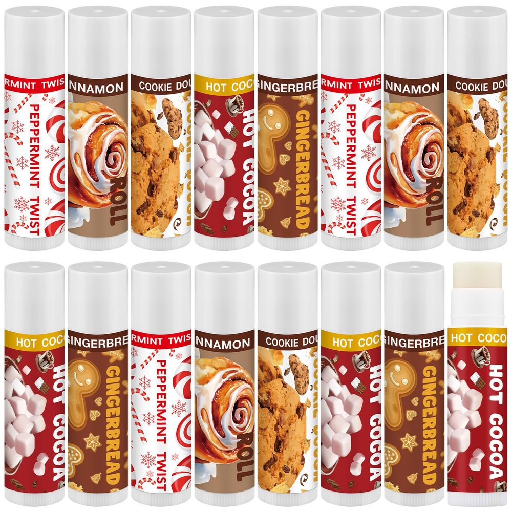 15 Pcs Christmas Lip Balms Bulk Peppermint Candy Cane Gingerbread Hot Cocoa Gifts Cookie Cinnamon Flavor Lip Balm Party Favor Xmas Stocking Stuffers Christmas Bulk Gifts for Coworker Staff Employee