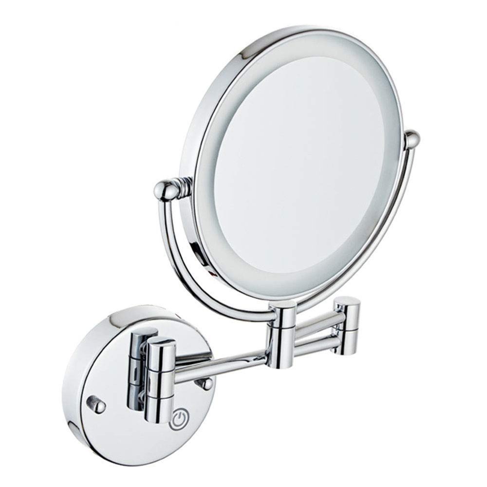 8-Inch Two-Sided Swivel Wall Mounted Makeup Mirror with Magnification, Makeup Mirror with LED Lights, 11.1-Inch Extension, 360 Degree Swivel Rotation (Bright Silver 5X)