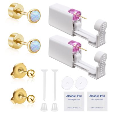 Bmpzery Ear Piercing Kit,White Gold Piercing Kit with Opal Stud Earrings and Gold Flat Backs,Disposable Home Ear Self Piercings Set,Easy for Men and Women Safe Ears Piercings Home Using