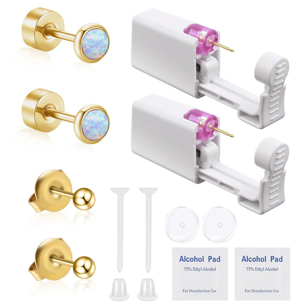 Bmpzery Ear Piercing Kit,White Gold Piercing Kit with Opal Stud Earrings and Gold Flat Backs,Disposable Home Ear Self Piercings Set,Easy for Men and Women Safe Ears Piercings Home Using