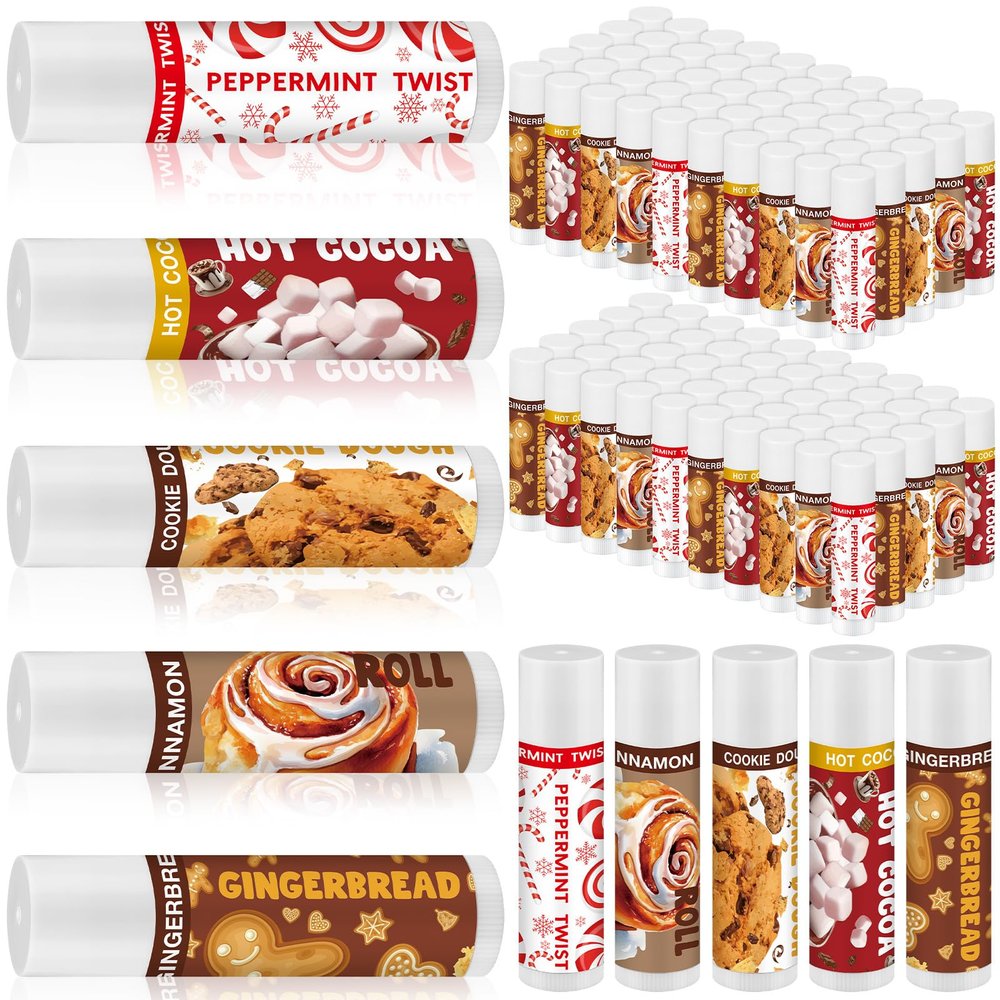 50 Pcs Christmas Lip Balms Bulk Peppermint Candy Cane Gingerbread Hot Cocoa Gifts Cookie Cinnamon Flavor Lip Balm Party Favor Xmas Stocking Stuffers Christmas Bulk Gifts for Coworker Staff Employee