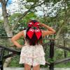 Mexican Traditional Hair Bow, Embroidered White Floral Design with Red, Green Accents, Tricolor Ribbon Trim, for Mexican party's (Red) view 2