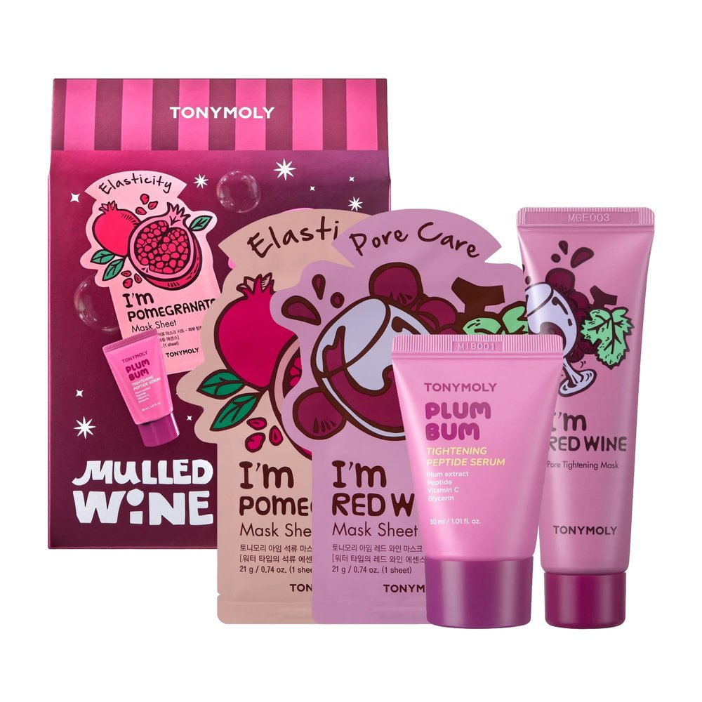 TONYMOLY Mulled Wine Mask & Body Serum Set Holiday Skincare Gift, Secret Santa Gift, or White Elephant Exchange Idea, 4-Piece Hydrating & Pore Refining Set
