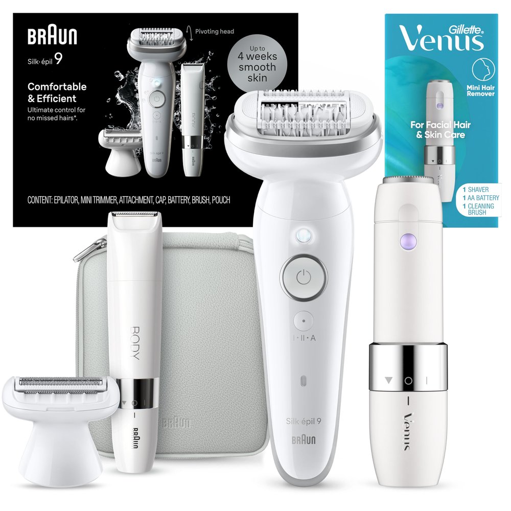 Braun Silk-pil 9 Epilator, Pivoting Head, Wet and Dry, SES9-441, Includes Body Trimmer, Shaver Head and Trimmer Comb, Gillette Venus Mini Facial Hair Remover