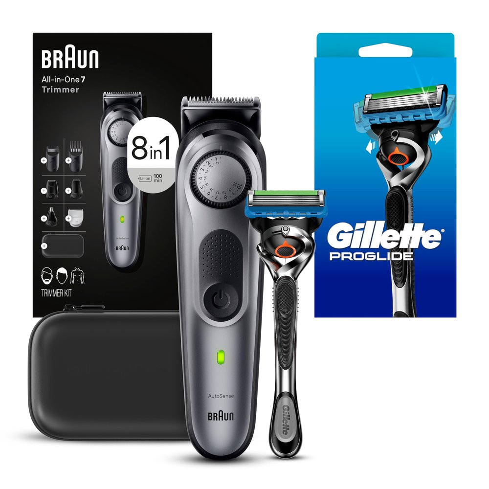 Braun All-in-One Style Kit Series 7 7410, 8-in-1 Trimmer for Men, Beard Trimmer, Body Trimmer for Manscaping, Hair Clippers, 40 Length Settings, Waterproof, Gillette Proglide Razor with 1 Refill