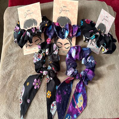 Floral and Galaxy Print Hair Scrunchies Set, Black and Purple, Fashion Hair Accessories