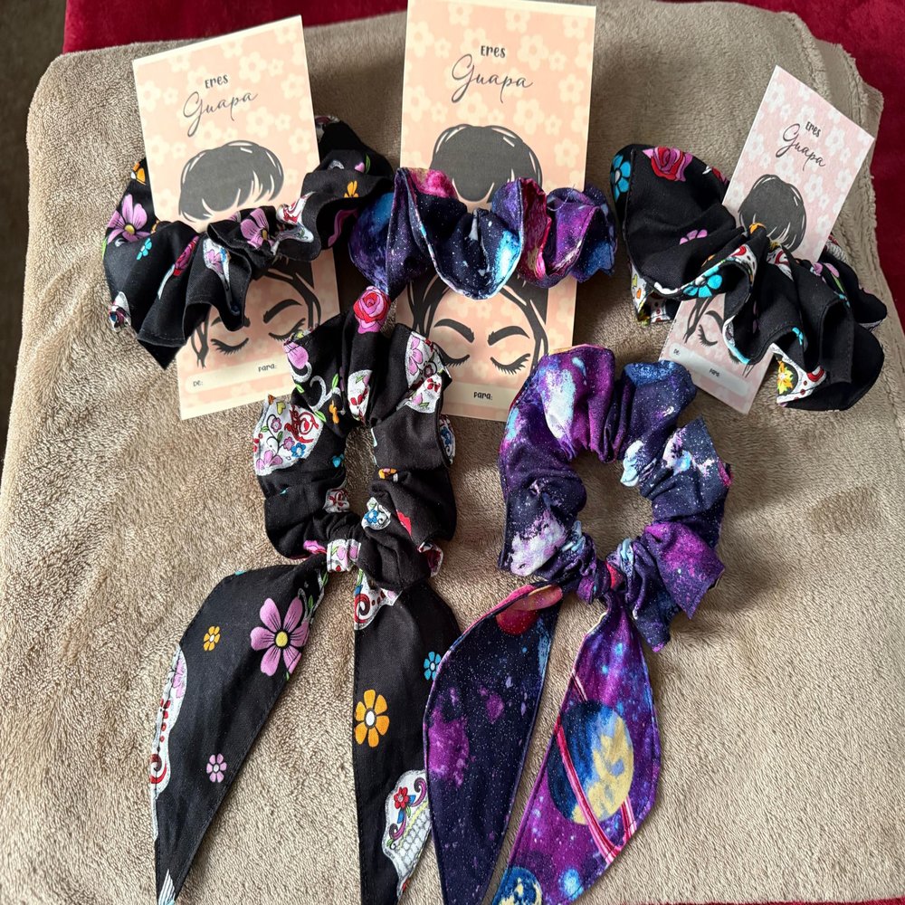 Floral and Galaxy Print Hair Scrunchies Set, Black and Purple, Fashion Hair Accessories