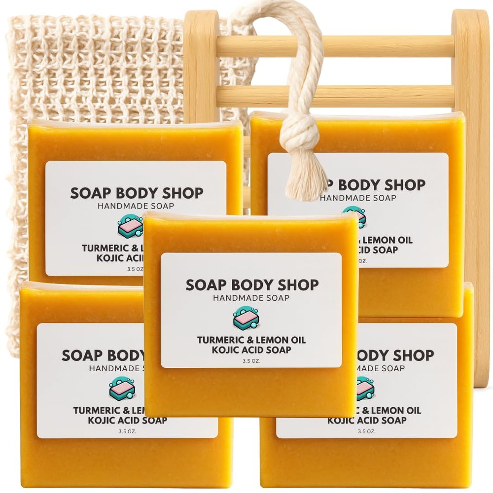 5-Pack Turmeric & Lemon Oil Kojic Acid Soap Bars with Soap Saver & Tray, Handmade Goats Milk, Acne Scars & Glowing Skin, Natural Face & Body Cleanser