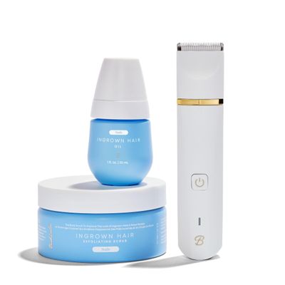 Bushbalm Ingrown Hair Bikini Trimmer Kit Francesca Trimmer with Nude Scrub & Oil 3pc Grooming Set for Women, Bikini, Underarms & Legs Smooth Skin, Razor Bump