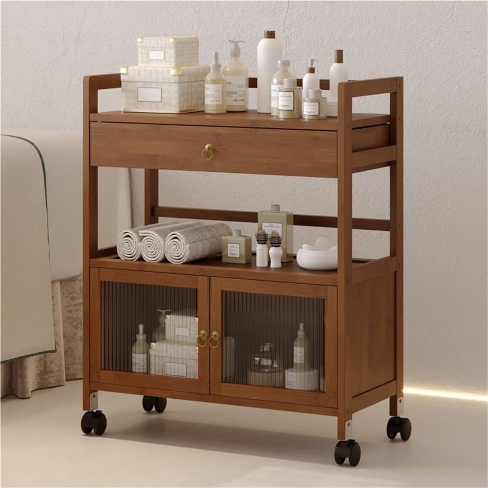 Esthetician Trolley Cart with Wheels, 3 Tier Utility Rolling Cart with 1 Cabinet 1 Drawer 2 Trays, Mobile Bamboo Storage Cabinet for Beauty SPA Instrument Storage(Brown B,27.6x11.4x33.5in)