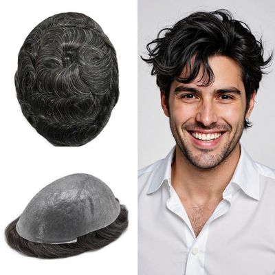 0.06mm Thin Skin Hairpieces for Men Toupee Hair Replacement Systems All V-loop Invisible Hairpiece for Mens Real Human Hair Systems #1B20#1B Off Black+20% Grey 8X10-90% Density