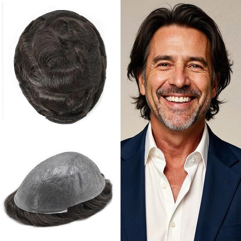 0.06mm Thin Skin Hairpieces for Men Toupee Hair Replacement Systems All V-loop Invisible Hairpiece for Mens Real Human Hair Systems #210#2 Darkest Brown+10% Grey 8X10-120% Density