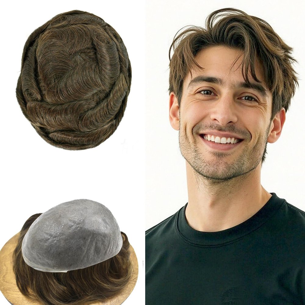 0.06mm Thin Skin Hairpieces for Men Toupee Hair Replacement Systems All V-loop Invisible Hairpiece for Mens Real Human Hair Systems #4R Medium Warm Brown 8X10-110% Density