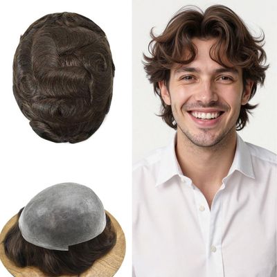 0.06mm Thin Skin Hairpieces for Men Toupee Hair Replacement Systems All V-loop Invisible Hairpiece for Mens Real Human Hair Systems #3 Dark Brown 7X9-100% Density