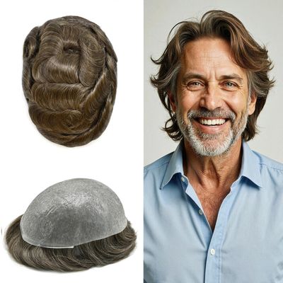 0.06mm Thin Skin Hairpieces for Men Toupee Hair Replacement Systems All V-loop Invisible Hairpiece for Mens Real Human Hair Systems #510#5 Medium Light Brown+10% Grey 8X10-120% Density