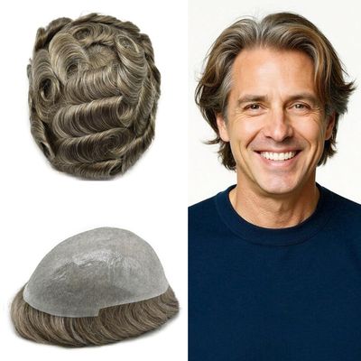 0.06mm Thin Skin Hairpieces for Men Toupee Hair Replacement Systems All V-loop Invisible Hairpiece for Mens Real Human Hair Systems #730#7 Very Light Brown+30% Grey 8X10-100% Density