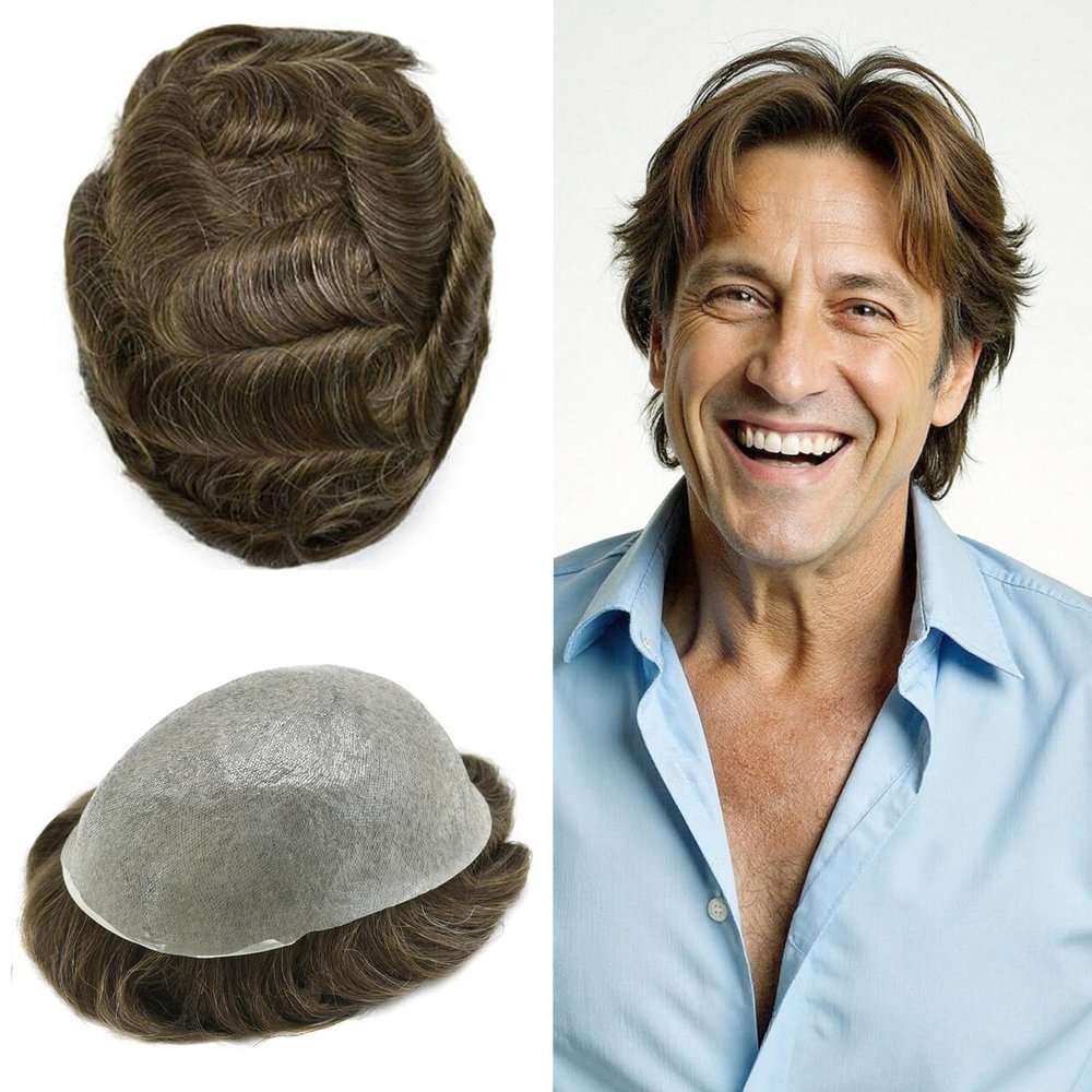 0.06mm Thin Skin Hairpieces for Men Toupee Hair Replacement Systems All V-loop Invisible Hairpiece for Mens Real Human Hair Systems #410#4 Medium Brown+10% Grey 8X10-100% Density