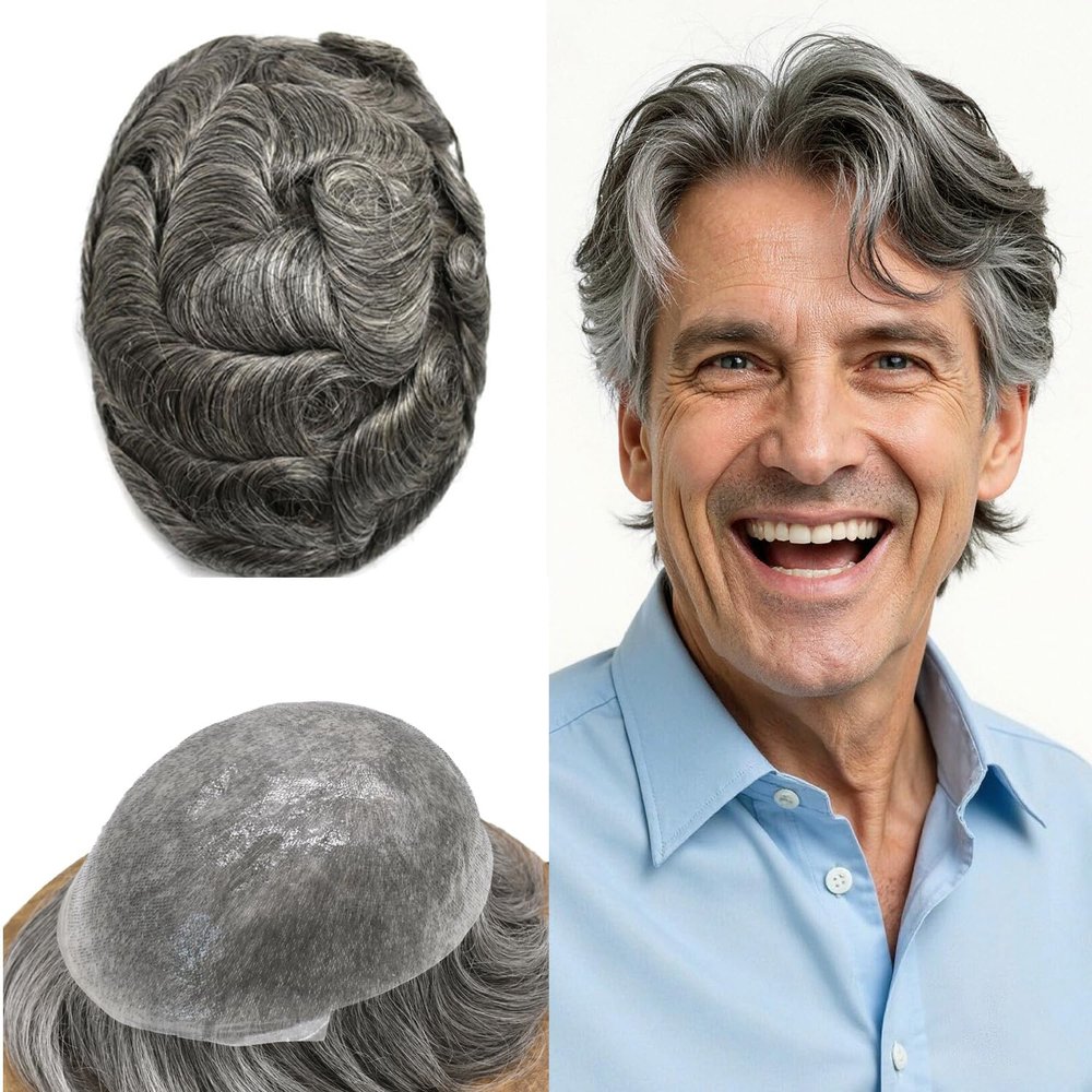 0.06mm Thin Skin Hairpieces for Men Toupee Hair Replacement Systems All V-loop Invisible Hairpiece for Mens Real Human Hair Systems #1B60#1B Off Black+60% Grey 6X8-80% Density