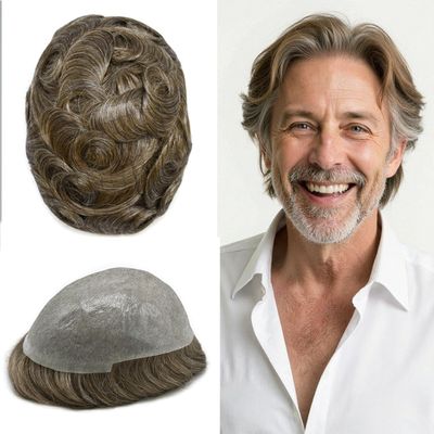 0.06mm Thin Skin Hairpieces for Men Toupee Hair Replacement Systems All V-loop Invisible Hairpiece for Mens Real Human Hair Systems #530#5 Medium Light Brown+30% Grey 8X10-90% Density