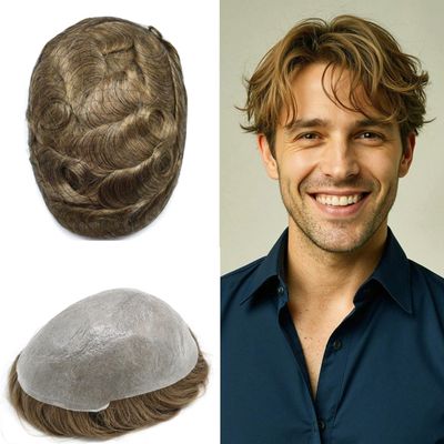 0.06mm Thin Skin Hairpieces for Men Toupee Hair Replacement Systems All V-loop Invisible Hairpiece for Mens Real Human Hair Systems #1810#18 Medium Blonde+10% Grey 8X10-90% Density
