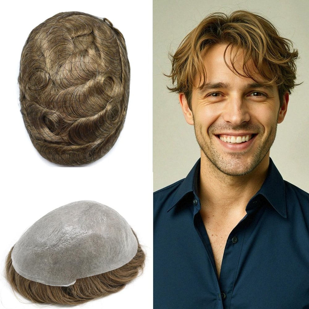 0.06mm Thin Skin Hairpieces for Men Toupee Hair Replacement Systems All V-loop Invisible Hairpiece for Mens Real Human Hair Systems #1810#18 Medium Blonde+10% Grey 8X10-90% Density