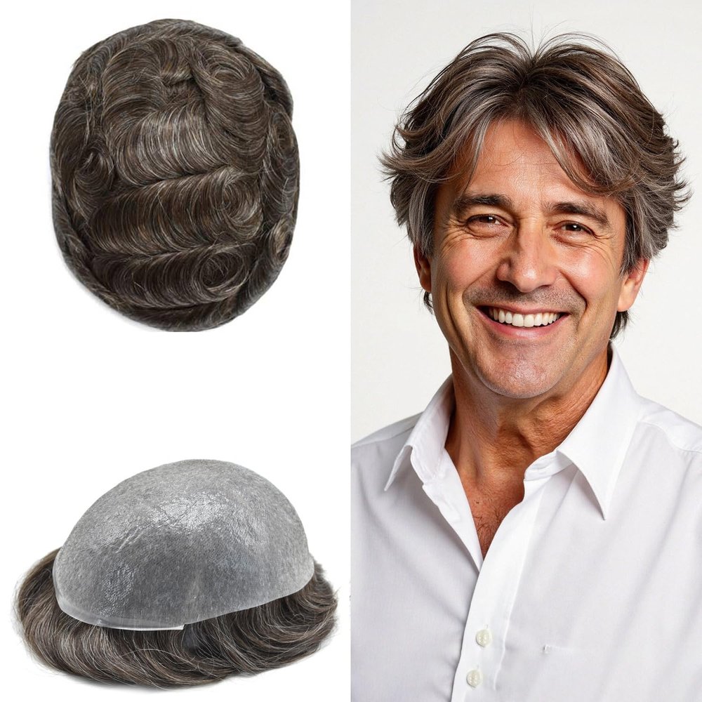 0.06mm Thin Skin Hairpieces for Men Toupee Hair Replacement Systems All V-loop Invisible Hairpiece for Mens Real Human Hair Systems #330#3 Dark Brown+30% Grey 8X10-80% Density