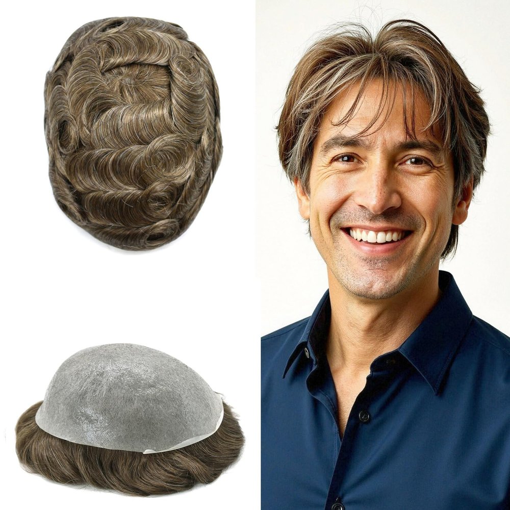 0.06mm Thin Skin Hairpieces for Men Toupee Hair Replacement Systems All V-loop Invisible Hairpiece for Mens Real Human Hair Systems #620#6 Light Brown+20% Grey 8X10-100% Density