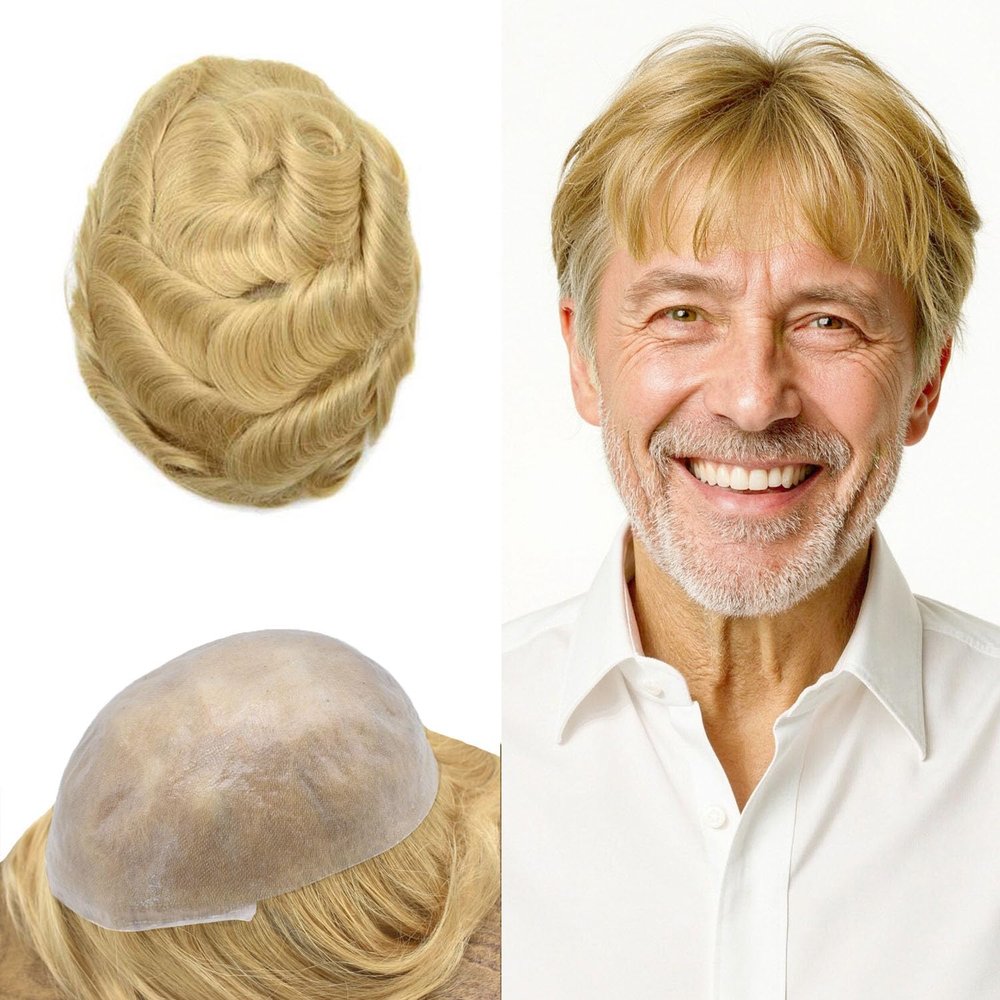0.06mm Thin Skin Hairpieces for Men Toupee Hair Replacement Systems All V-loop Invisible Hairpiece for Mens Real Human Hair Systems #22R #22R Light Blonde 8X10-100% Density