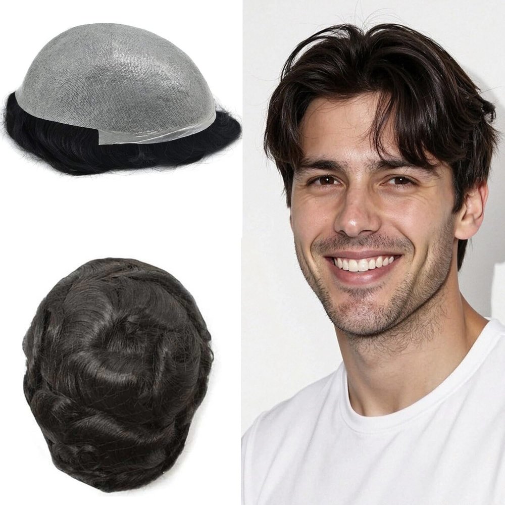 0.06mm Thin Skin Hairpieces for Men Toupee Hair Replacement Systems All V-loop Invisible Hairpiece for Mens Real Human Hair Systems #1B Off Black 6X9-100% Density