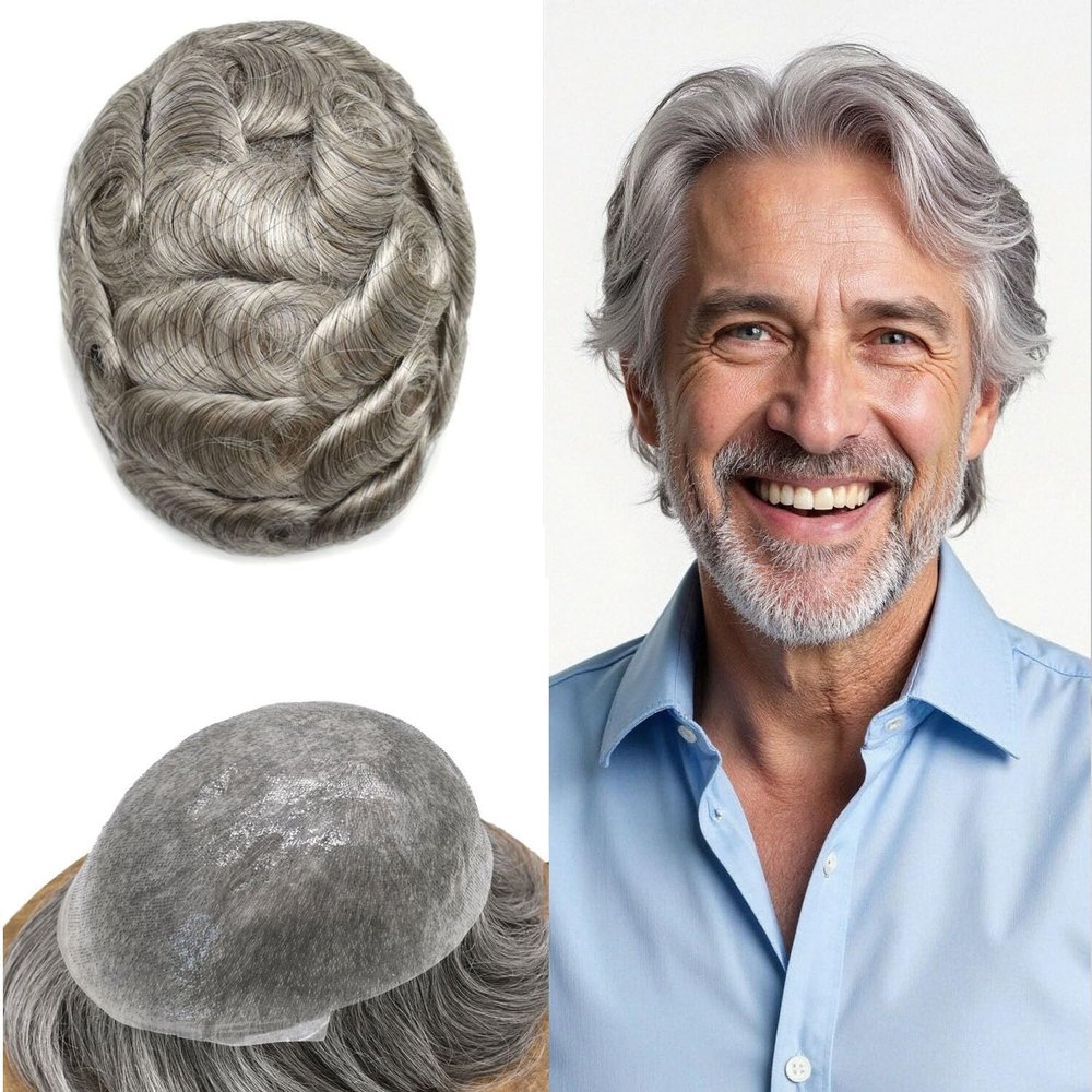 0.06mm Thin Skin Hairpieces for Men Toupee Hair Replacement Systems All V-loop Invisible Hairpiece for Mens Real Human Hair Systems #580#5 Medium Light Brown+80% Grey 8X10-80% Density