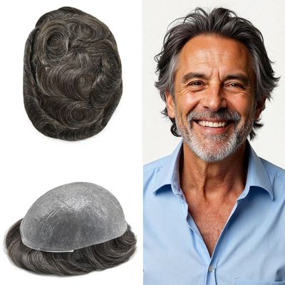 0.06mm Thin Skin Hairpieces for Men Toupee Hair Replacement Systems All V-loop Invisible Hairpiece for Mens Real Human Hair Systems #230#2 Darkest Brown+30% Grey 8X10-90% Density