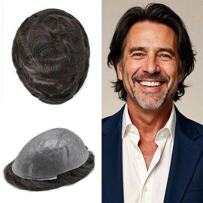 0.06mm Thin Skin Hairpieces for Men Toupee Hair Replacement Systems All V-loop Invisible Hairpiece for Mens Real Human Hair Systems #210#2 Darkest Brown+10% Grey 8X10-100% Density